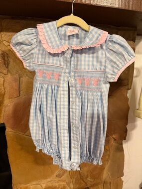 Stitchy Fish Mickey Mouse Gingham Toddler Bubble Romper with Pink Trim 3T